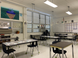 An empty classroom, a common sight during full-distance learning.